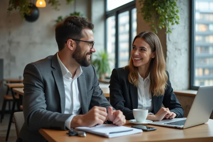 Deux jeunes professionnels turcs discutant de salaires et d'évolution de carrière dans un espace de coworking moderne du quartier financier de Levent à Istanbul