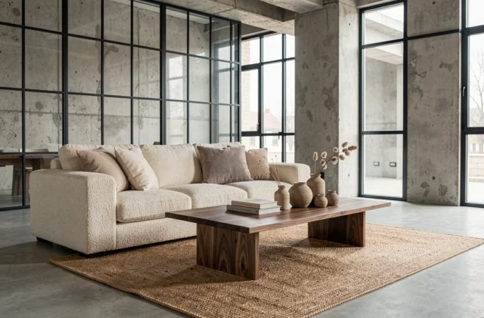 Salon minimaliste de style scandinave avec canapé bouclé, table en noyer et vases en céramique sur tapis en jute