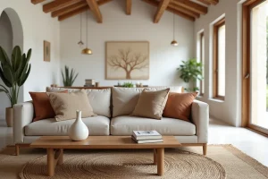 Salon moderne décoré avec des accessoires tendance, canapé en lin, table basse en bois et tapis en jute pour une décoration intérieure chaleureuse