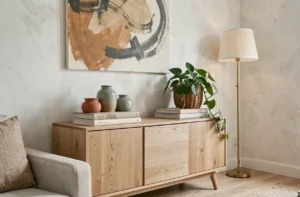 Coin salon scandinave avec buffet en chêne, vases en céramique terracotta et plante verte dans un panier en rotin pour une déco intérieure tendance