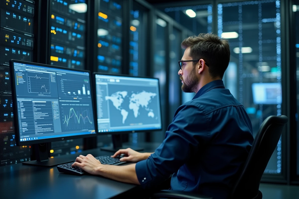 Technicien informatique travaillant sur ses écrans en serveur