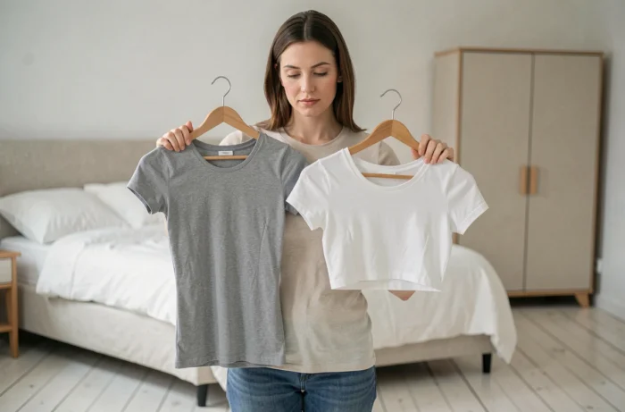 Femme tenant côte à côte un top classique et un crop top sur cintre pour illustrer la différence de longueur